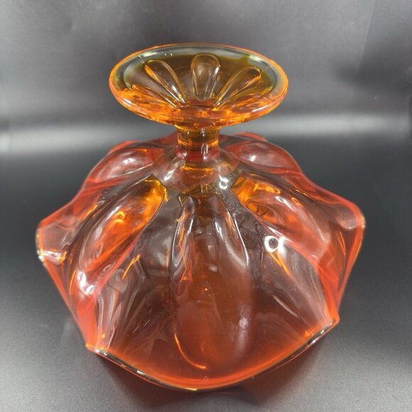 MCM Viking Glass Epic Line Footed Compote Dish Bowl Six Pedal Persimmon Glass - Picture 7 of 16
